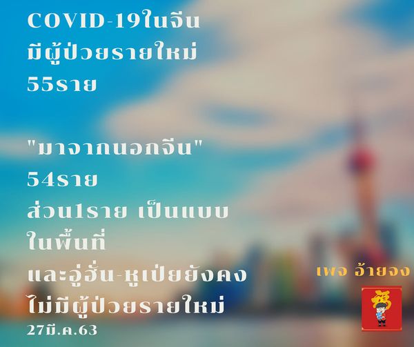 สถานการณ์ COVID-19ในจีน: มีผู้ป่วยรายใหม่เพิ่ม 55ราย  “มาจากนอกจีน”  54ราย ส่วน1…